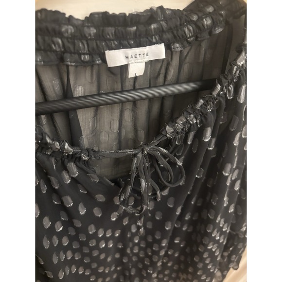 Maette Women's Black Ruffle Top Silver Dots Sheer Lined Size Large - Picture 2 of 8